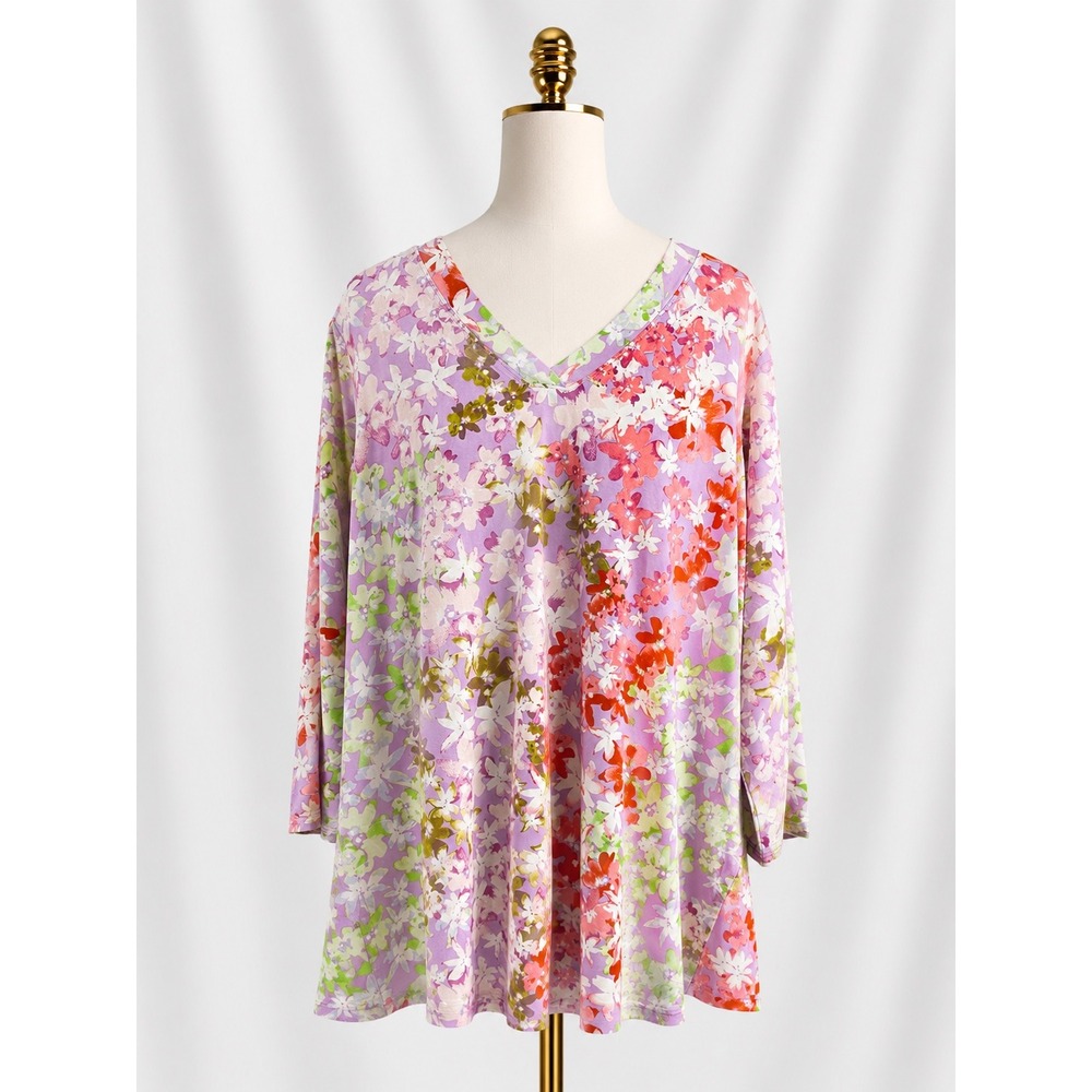 LOGO By Lori Goldstein Rayon 230 Floral Print 3/4 Sleeve Top 3X Purple Stretch